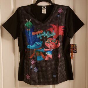 Trolls Poppy Branch Tooniforms Scrub Top Happy Holladays Holidays V-Neck Shirt
